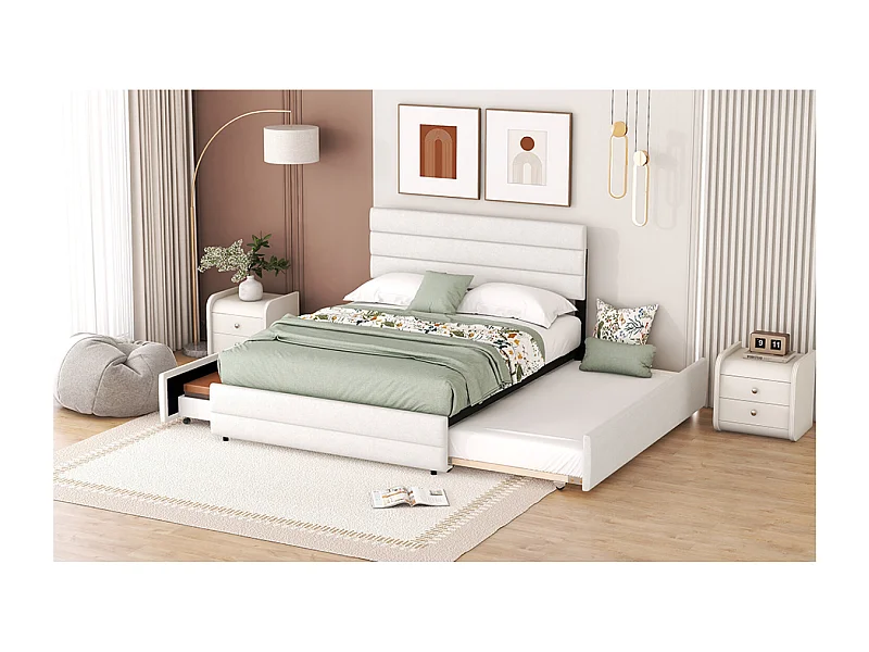 Cama adulto 140x200cm con cama nido 90x190cm y 2 cajones - Tejido de lino beige