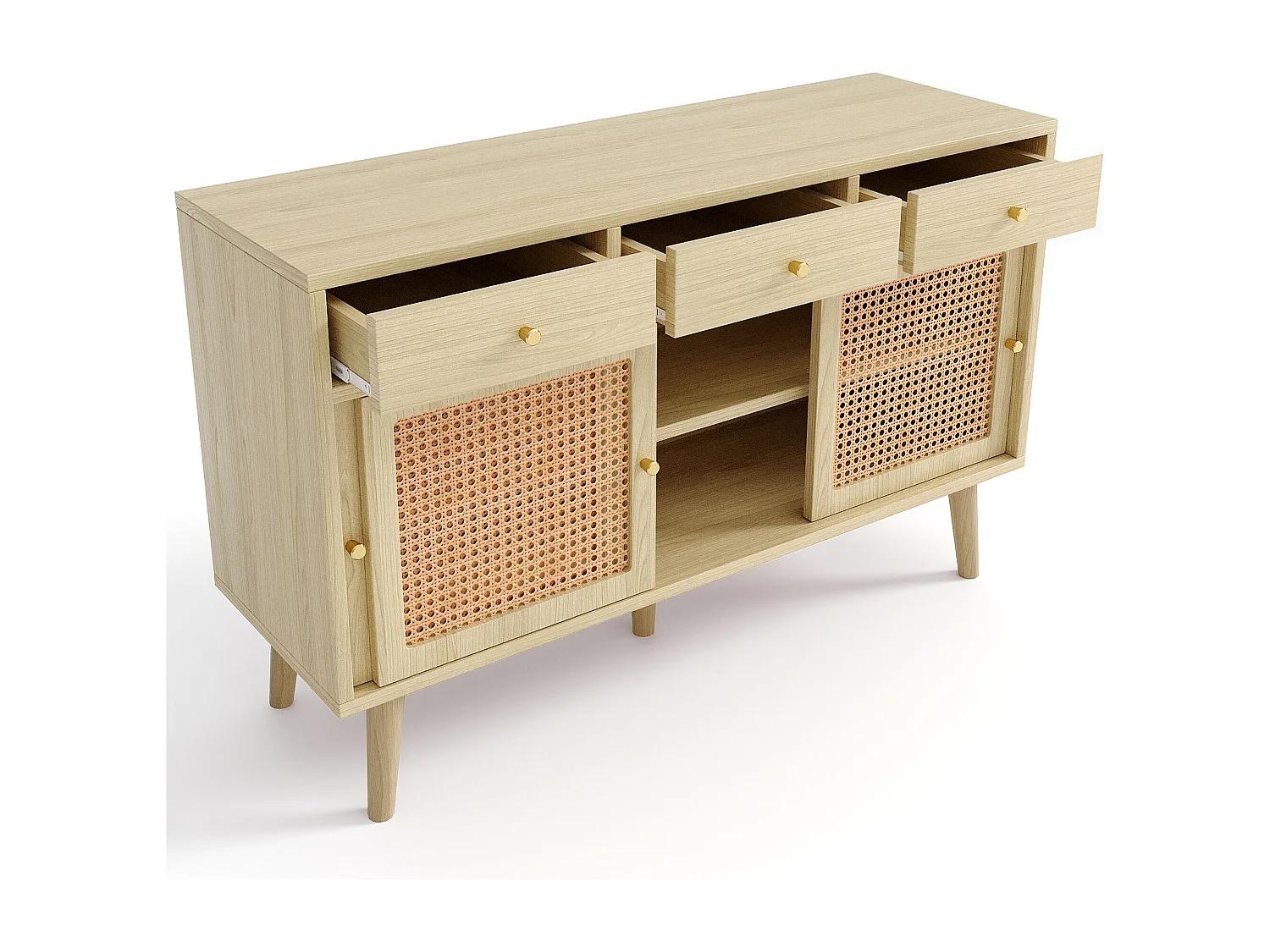 Dressoir met 3 lades en 3 schuifdeuren - Deuren van gevlochten rotan - Lichte natuurlijke kleur