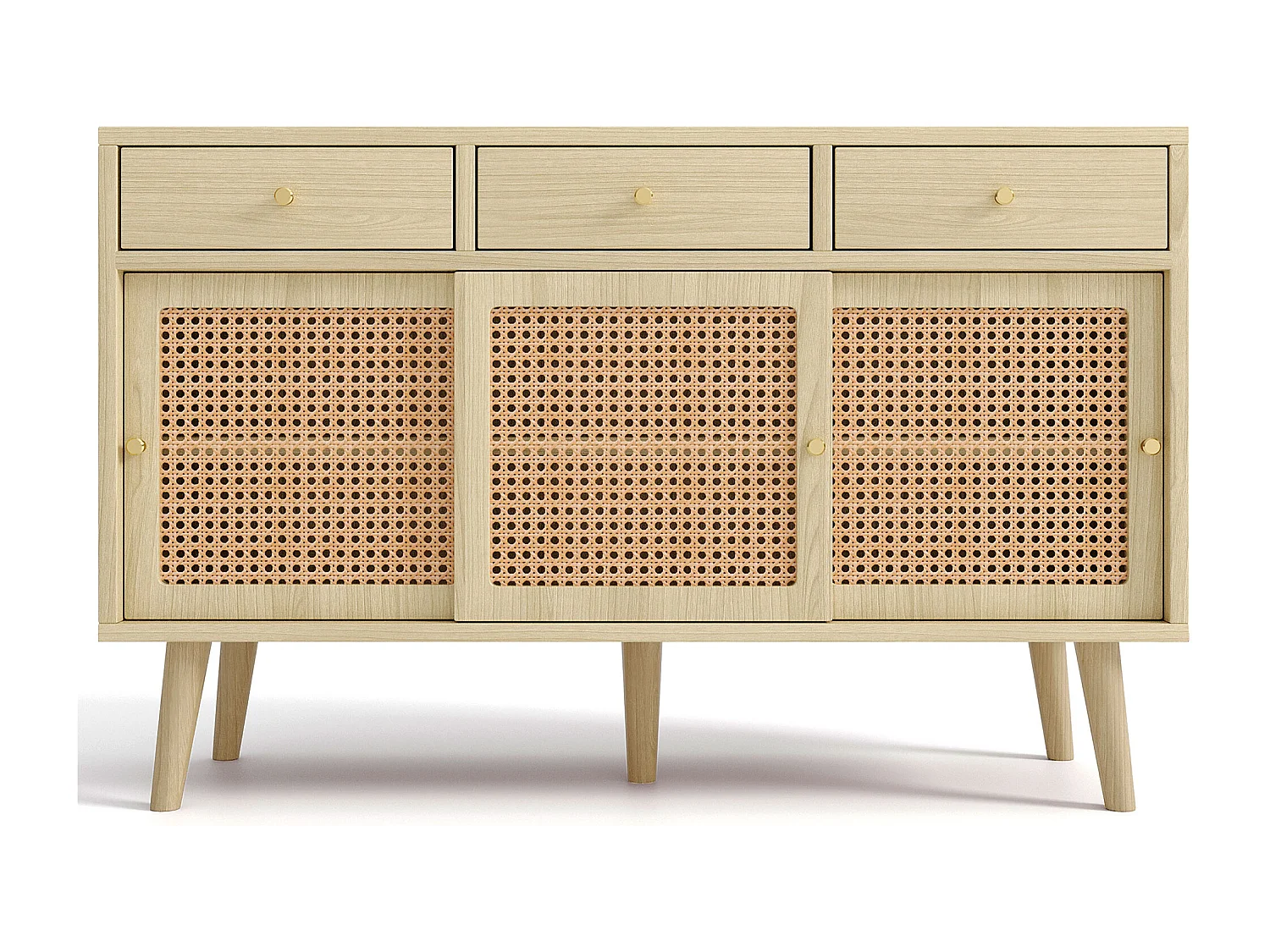 Dressoir met 3 lades en 3 schuifdeuren - Deuren van gevlochten rotan - Lichte natuurlijke kleur