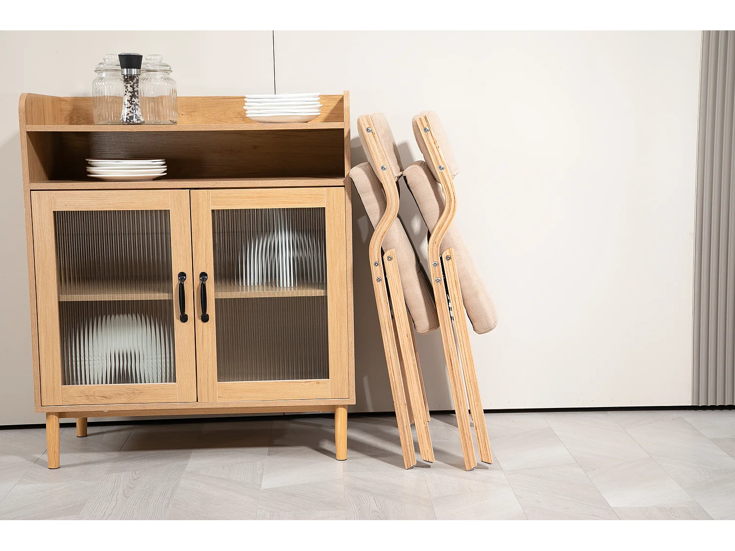 Set van 2 opklapbare houten stoelen met fluwelen kussens - kaki en houtkleur