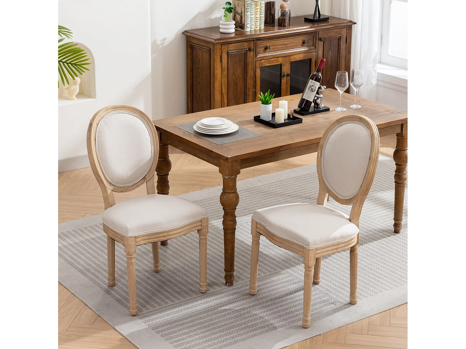 Set di 2 sedie con schienale in lino - Struttura in legno - Beige e naturale chiaro
