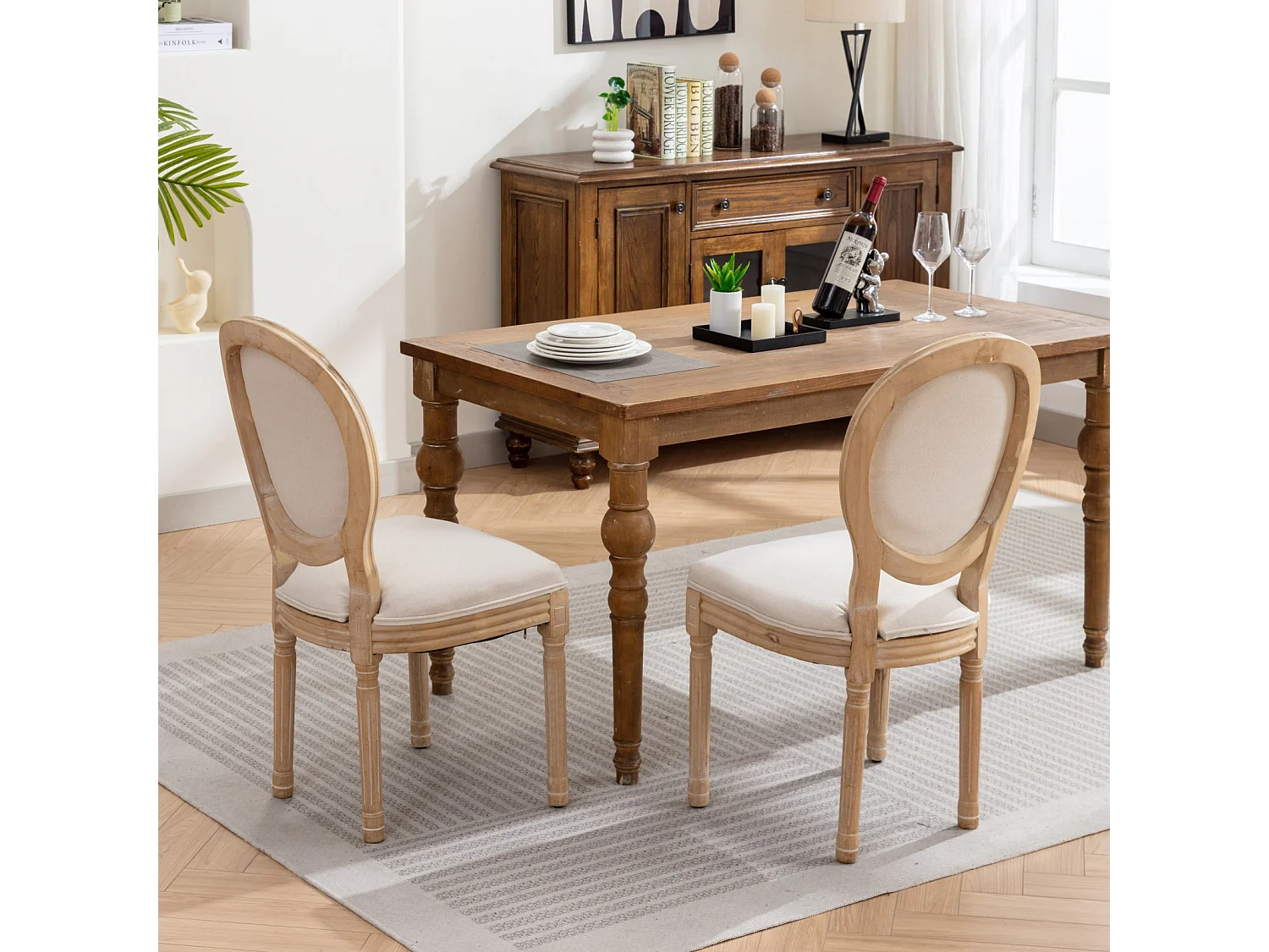Set di 2 sedie con schienale in lino - Struttura in legno - Beige e naturale chiaro