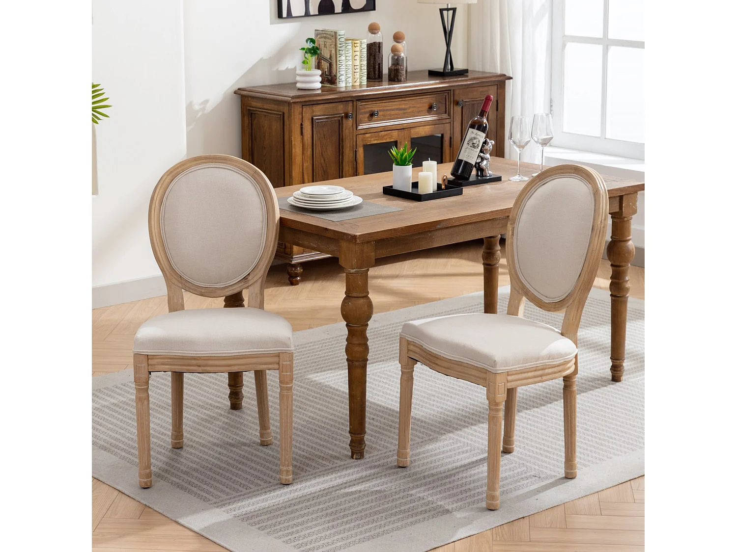 Set di 2 sedie con schienale in lino - Struttura in legno - Beige e naturale chiaro
