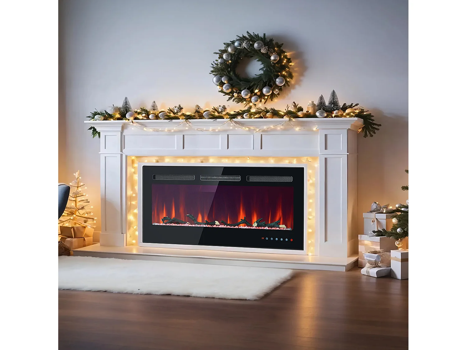 Caminetto elettrico con 12 colori di fiamma - Da parete o da incasso - Nero 106,5×46,5×12