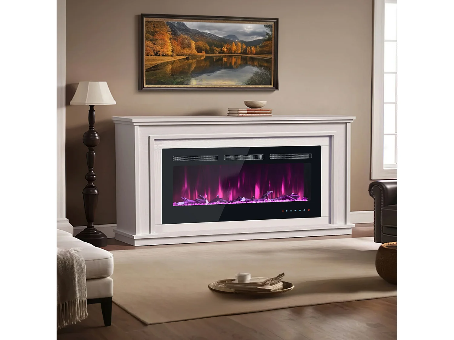 Caminetto elettrico con 12 colori di fiamma - Da parete o da incasso - Nero 106,5×46,5×12