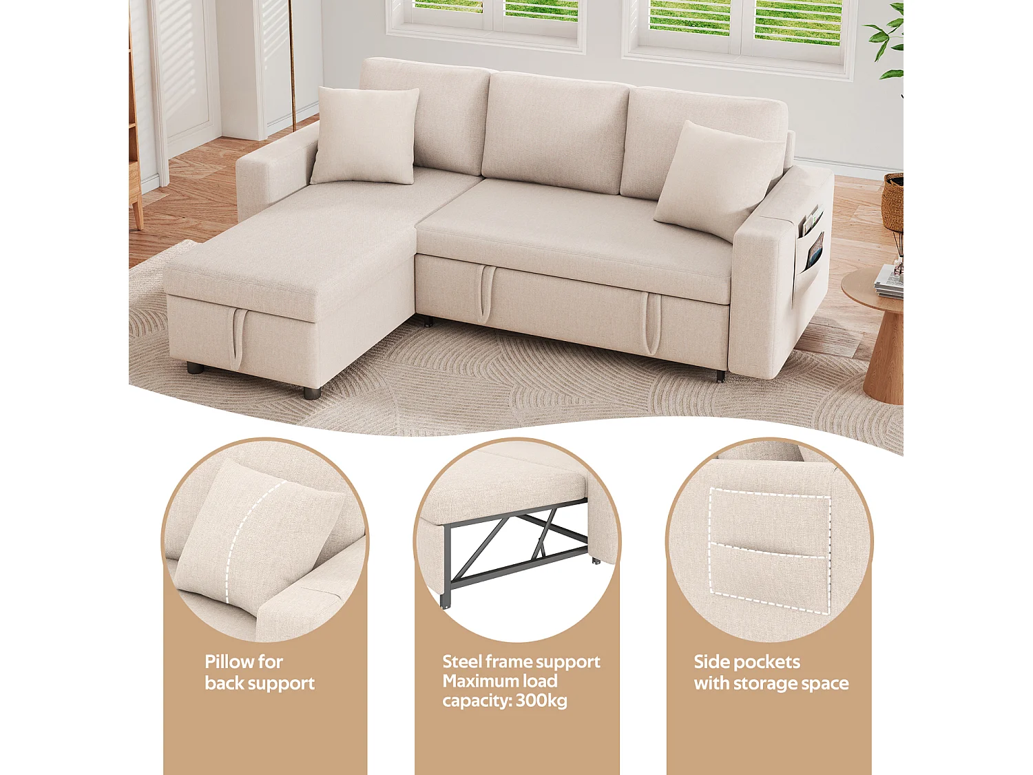 Canapé convertible 3 places en L avec fonction couchage - Méridienne avec rangement - Lin beige