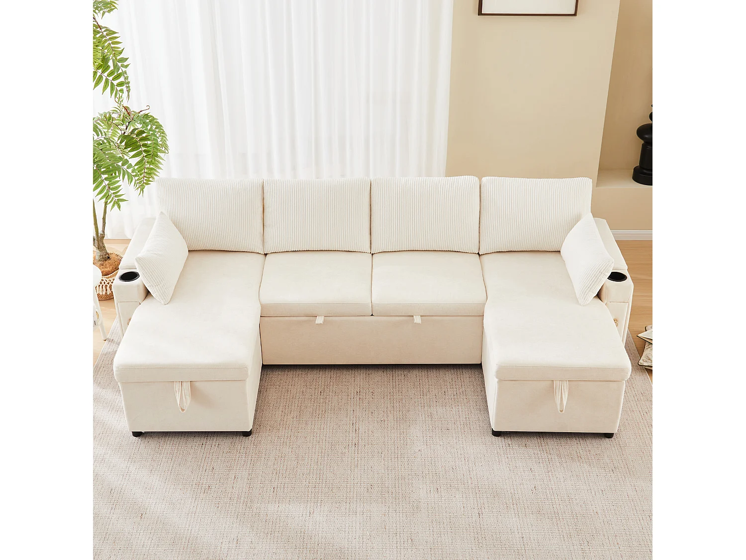 Canapé convertible 4 places en forme de U - Canapé d'angle avec rangement - Chenille et Velours côtelé - Beige