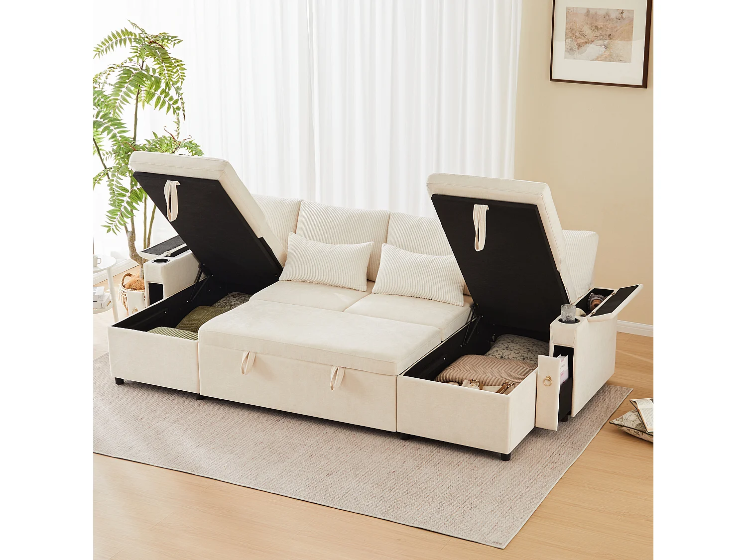 Canapé convertible 4 places en forme de U - Canapé d'angle avec rangement - Chenille et Velours côtelé - Beige