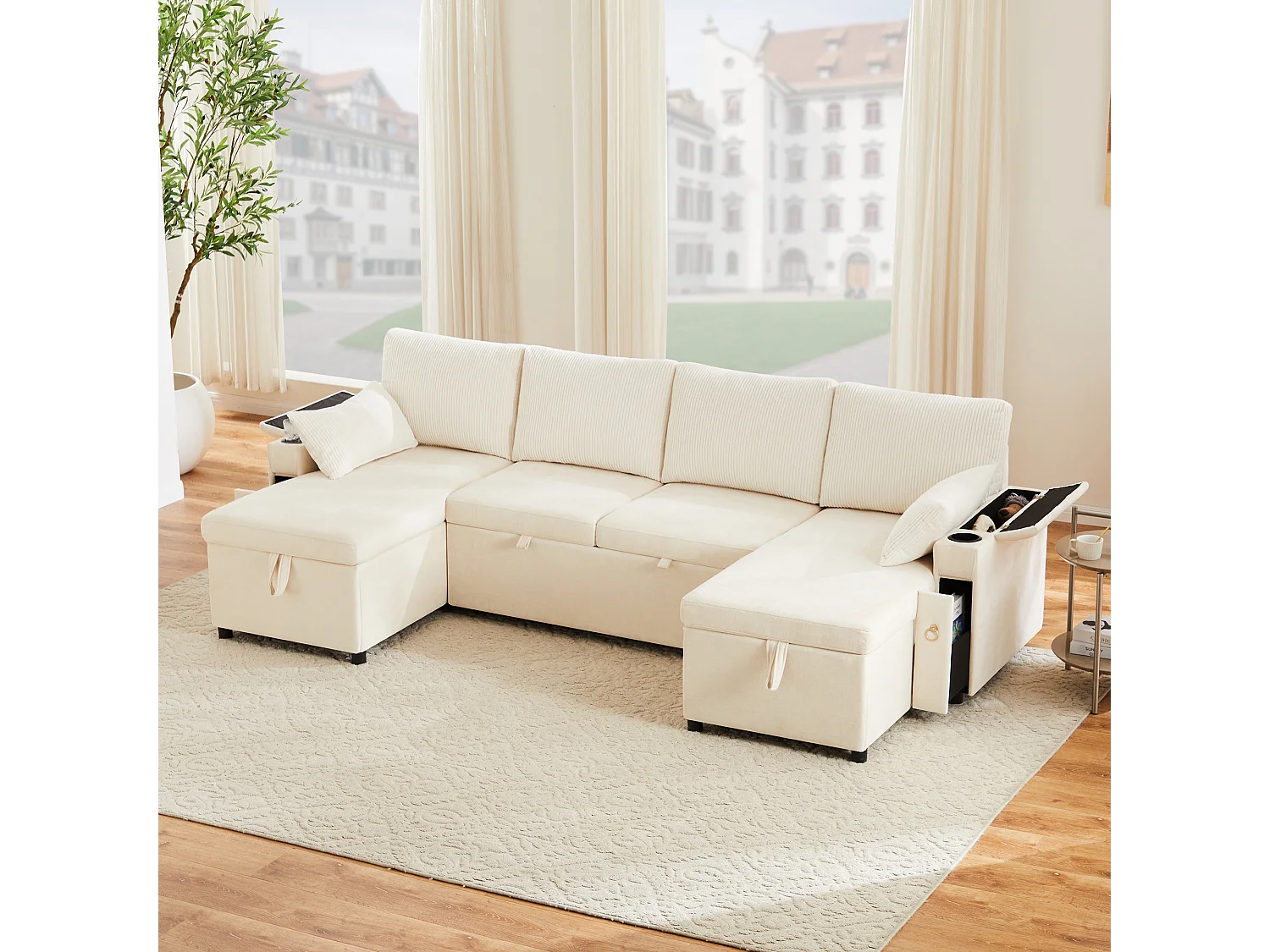 Canapé convertible 4 places en forme de U - Canapé d'angle avec rangement - Chenille et Velours côtelé - Beige