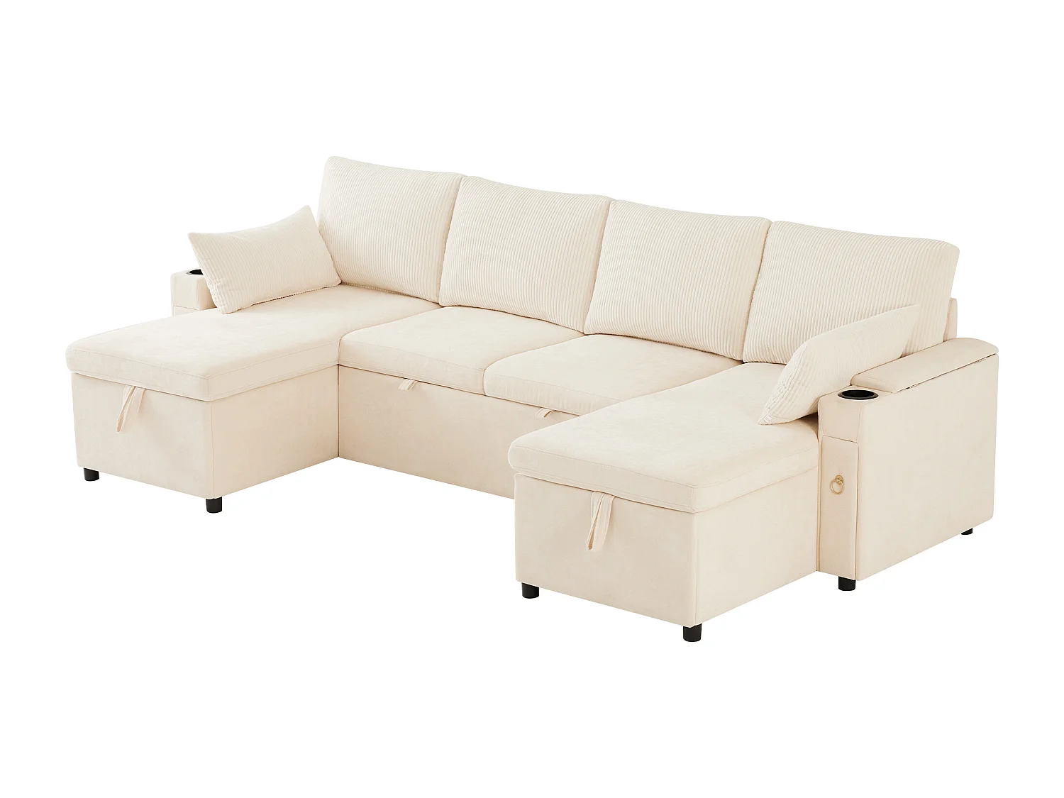 Canapé convertible 4 places en forme de U - Canapé d'angle avec rangement - Chenille et Velours côtelé - Beige