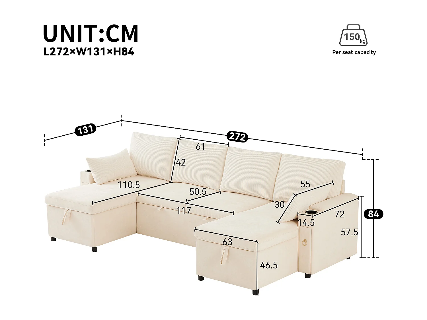Canapé convertible 4 places en forme de U - Canapé d'angle avec rangement - Chenille et Velours côtelé - Beige