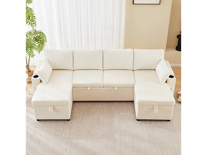 Canapé convertible 4 places en forme de U - Canapé d'angle avec rangement - Chenille et Velours côtelé - Beige