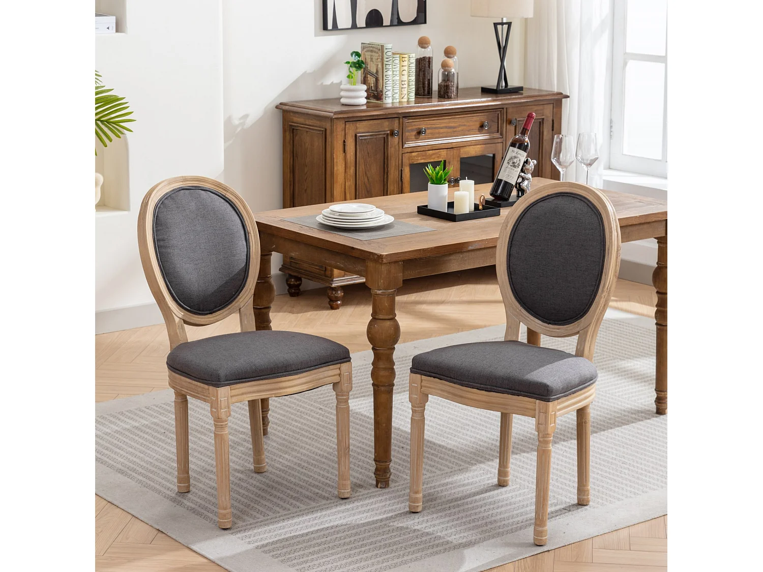 Set di 2 sedie con schienale in lino - Struttura in legno - Grigio e naturale chiaro