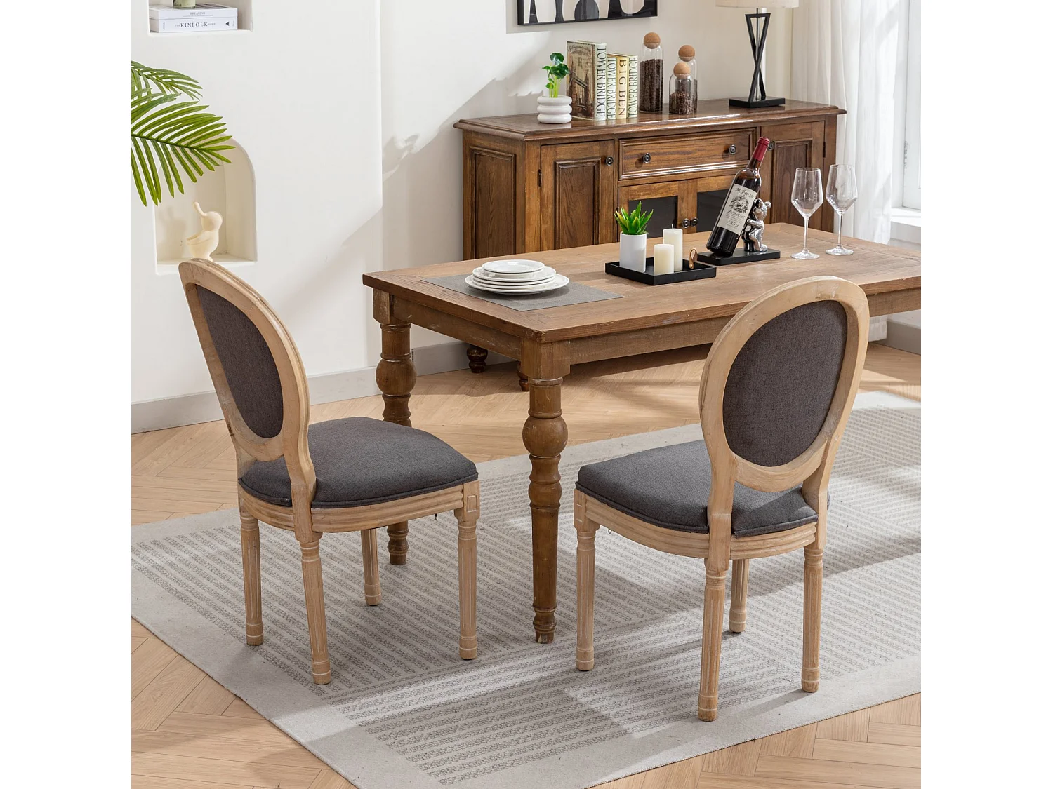 Set di 2 sedie con schienale in lino - Struttura in legno - Grigio e naturale chiaro