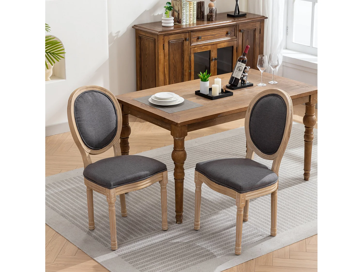 Set di 2 sedie con schienale in lino - Struttura in legno - Grigio e naturale chiaro