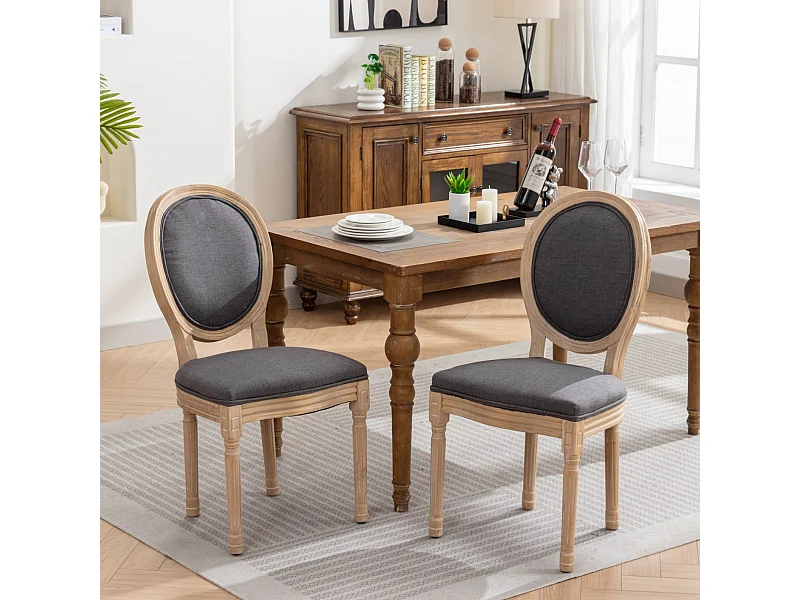 Set di 2 sedie con schienale in lino - Struttura in legno - Grigio e naturale chiaro