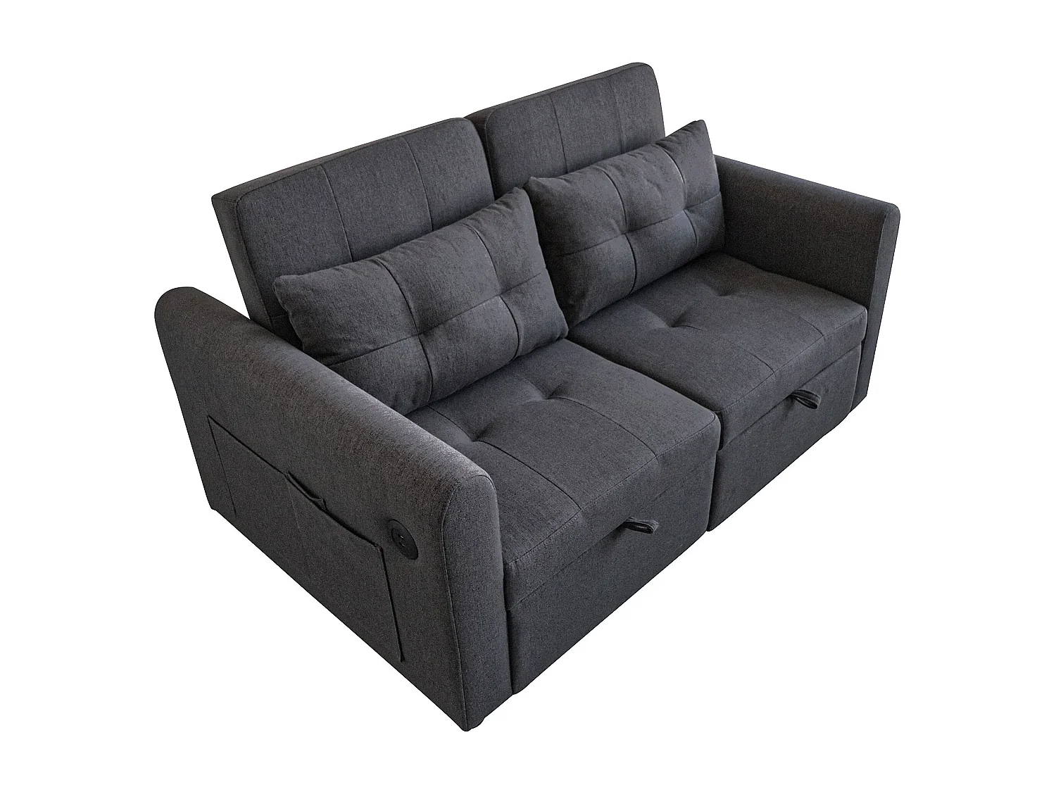 Tweezits slaapbank met USB-aansluiting en kussens - Verstelbare rugleuning - Stof van katoen en linnen - Grijs