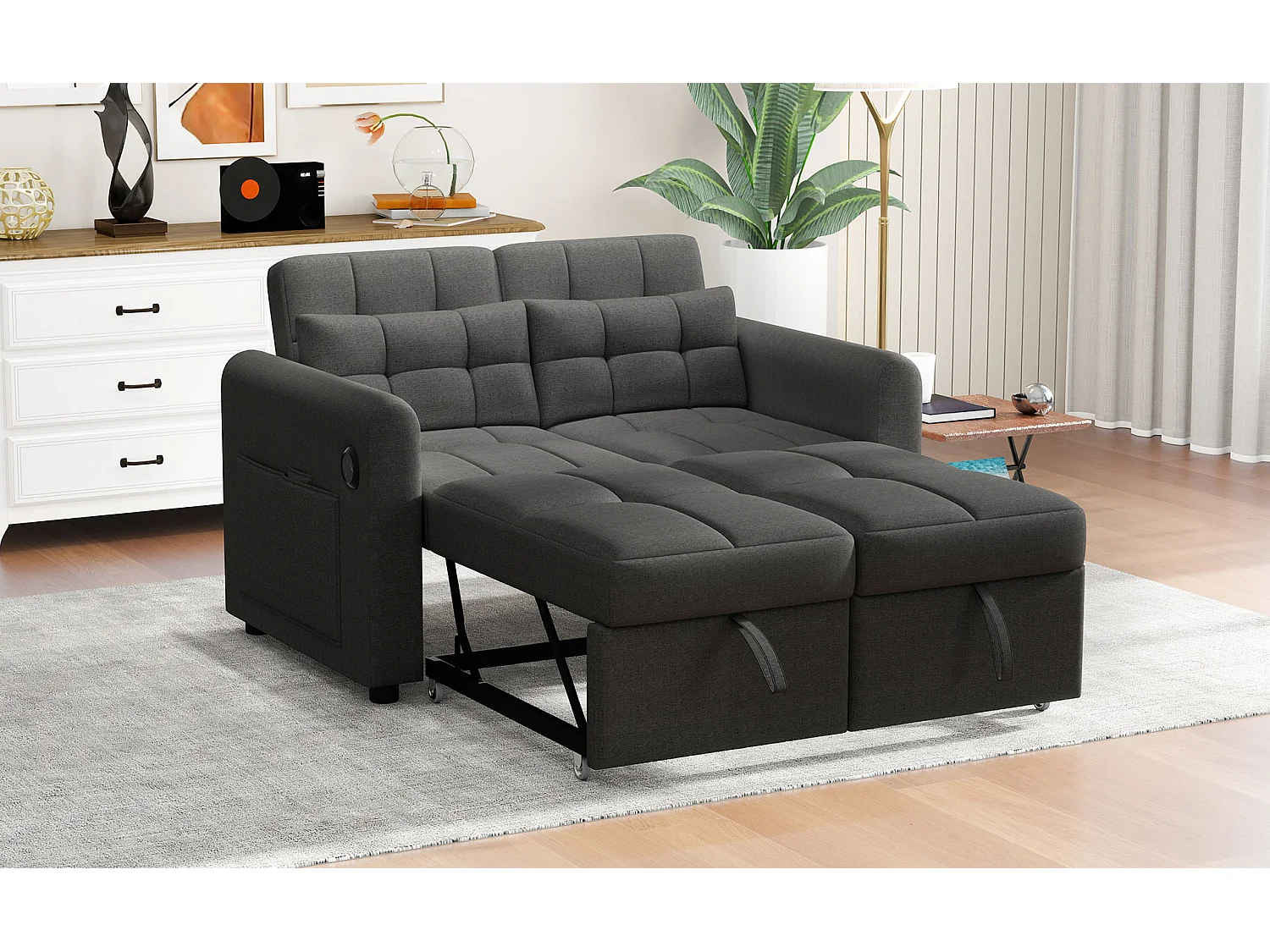 Tweezits slaapbank met USB-aansluiting en kussens - Verstelbare rugleuning - Stof van katoen en linnen - Grijs