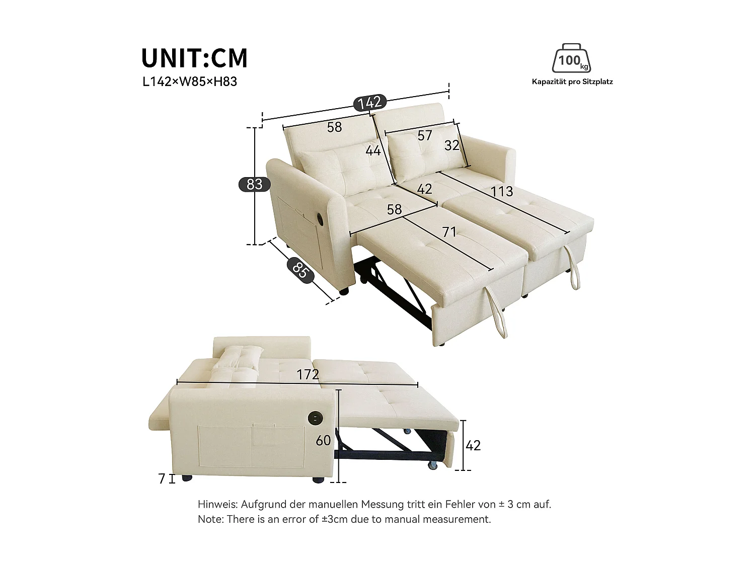 Tweezits slaapbank met USB-aansluiting en kussens - Verstelbare rugleuning - Stof van katoen en linnen - Beige