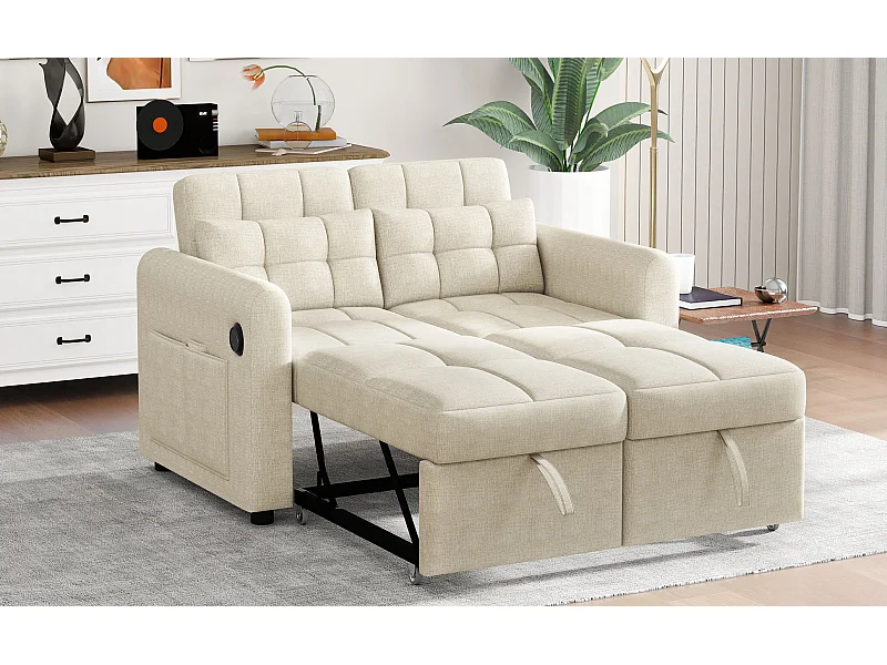 Tweezits slaapbank met USB-aansluiting en kussens - Verstelbare rugleuning - Stof van katoen en linnen - Beige