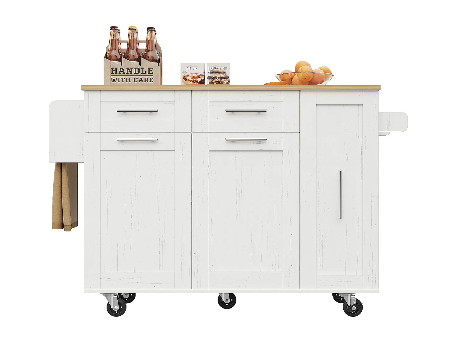 Isla de cocina con 3 puertas y 2 cajones - Encimera imitación madera - Madera MDF - Blanco y natural claro