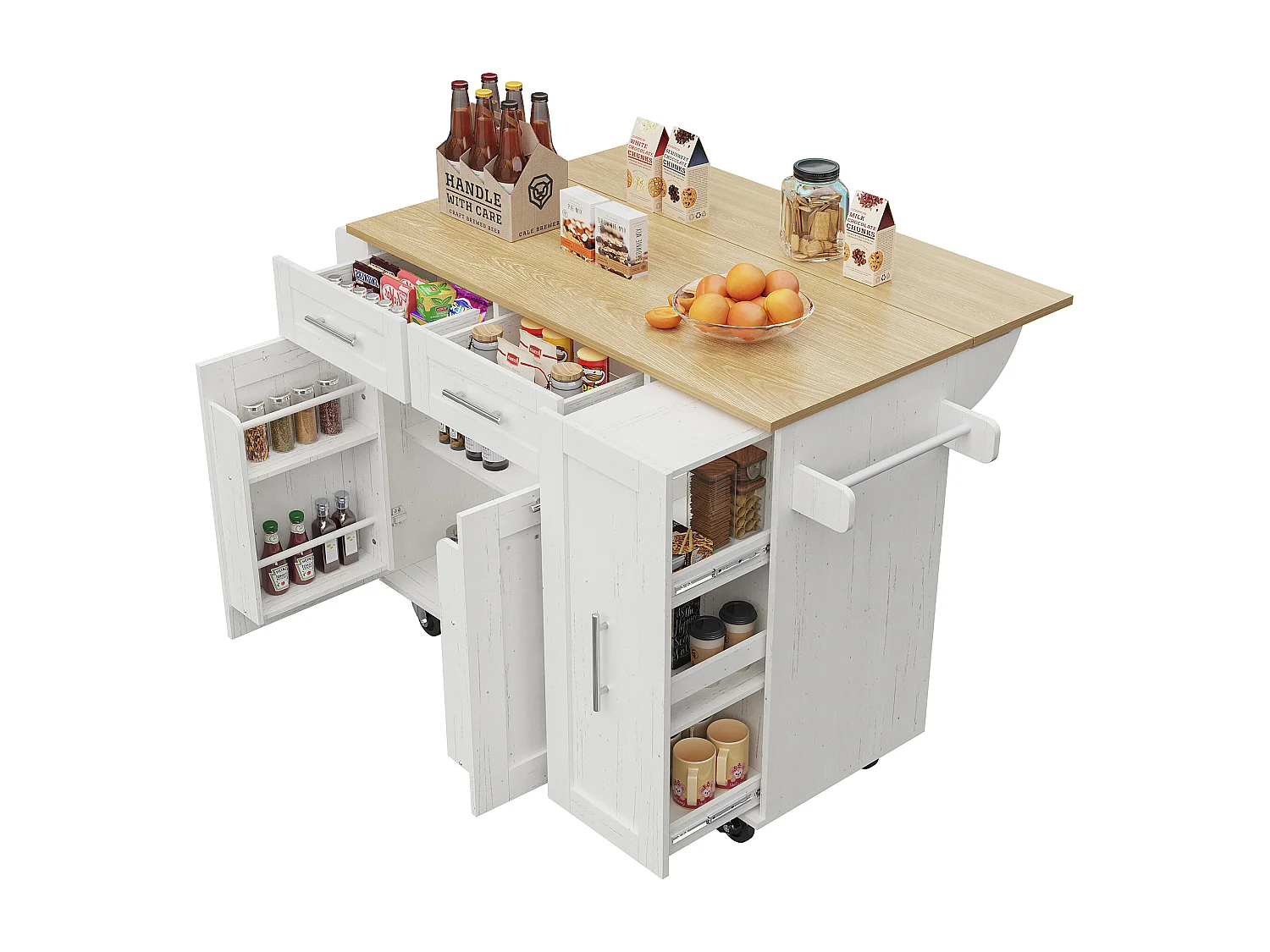 Isla de cocina con 3 puertas y 2 cajones - Encimera imitación madera - Madera MDF - Blanco y natural claro