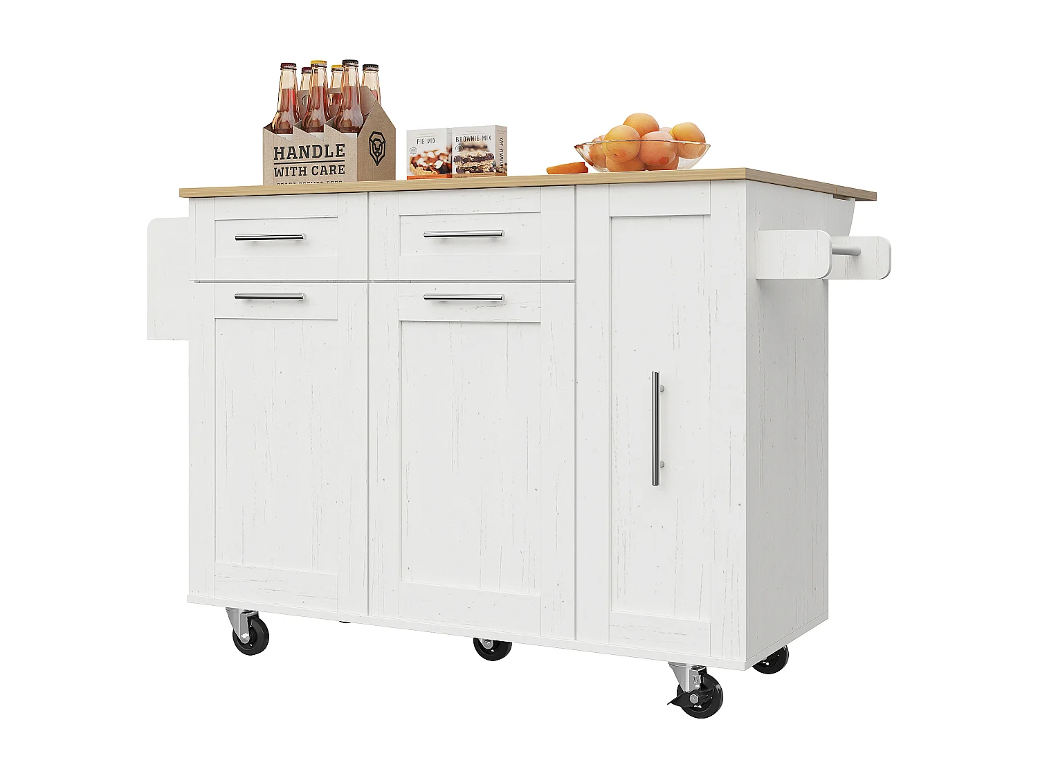 Isla de cocina con 3 puertas y 2 cajones - Encimera imitación madera - Madera MDF - Blanco y natural claro