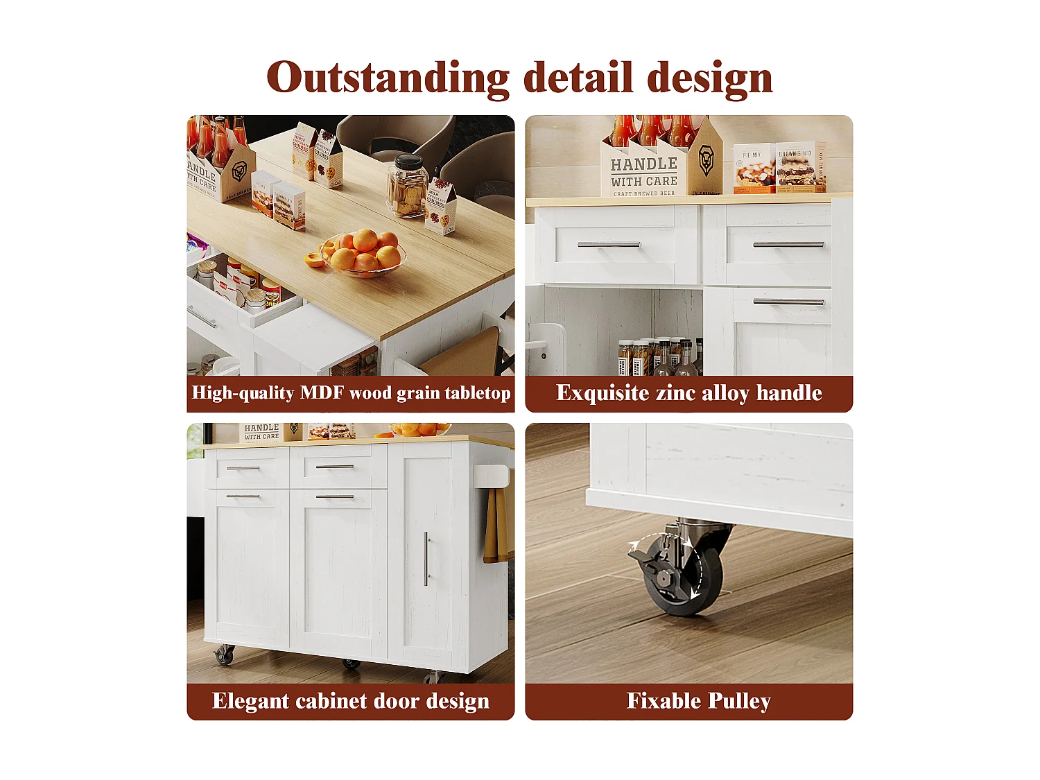 Isla de cocina con 3 puertas y 2 cajones - Encimera imitación madera - Madera MDF - Blanco y natural claro