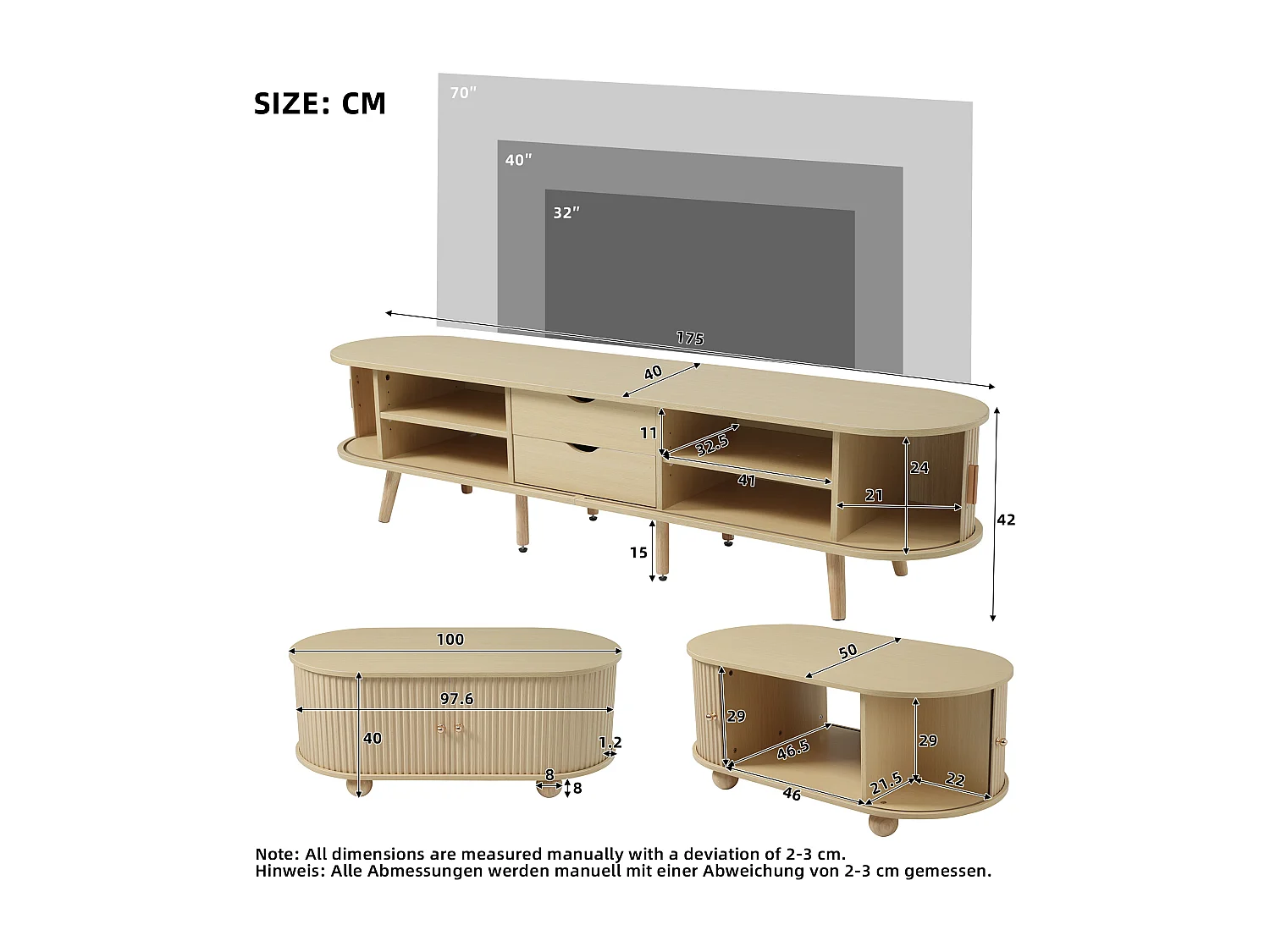 Ensemble Salon Table Basse + Meuble TV - Forme ovale - Naturel clair