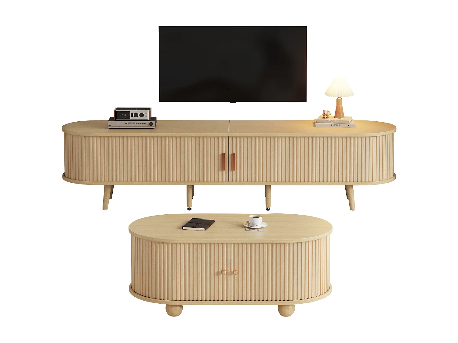 Ensemble Salon Table Basse + Meuble TV - Forme ovale - Naturel clair