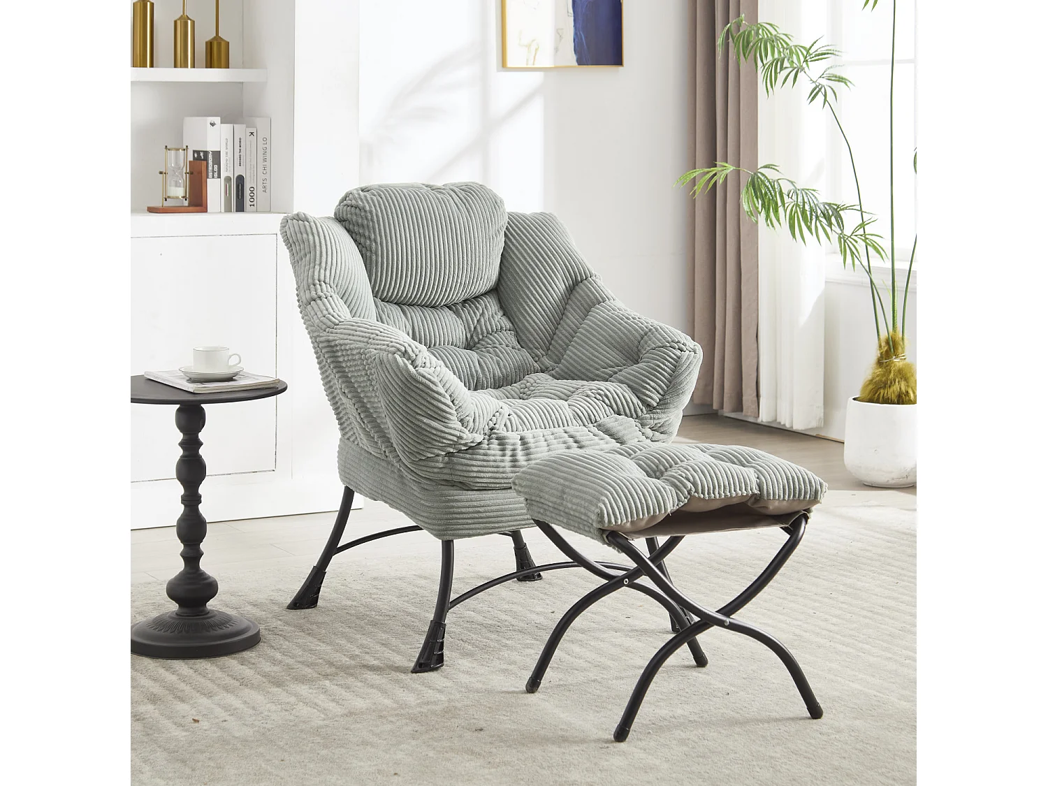 Fauteuil avec repose-pied - Structure en acier - Tissu vert clair