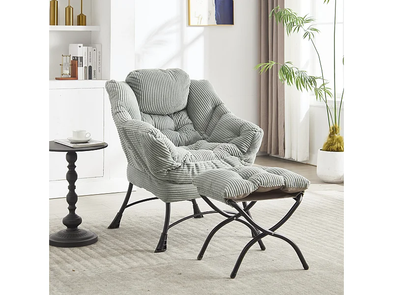 Fauteuil avec repose-pied - Structure en acier - Tissu vert clair