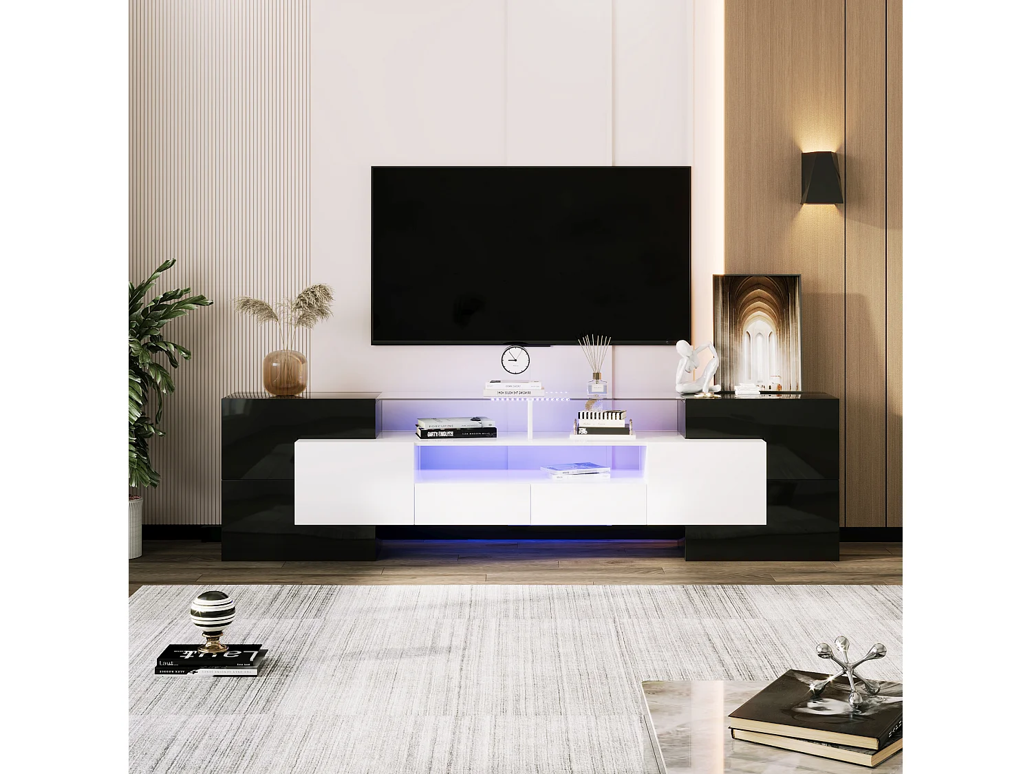 Meuble TV avec LED, 6 portes et 2 tiroirs - Plateau en verre - Blanc et noir finition brillant