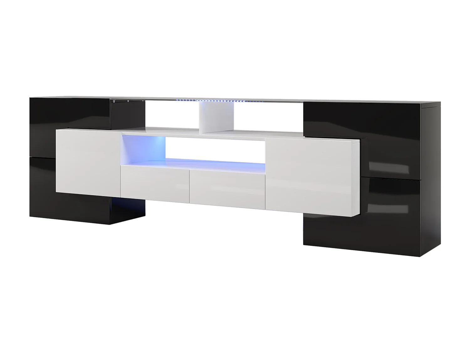 Meuble TV avec LED, 6 portes et 2 tiroirs - Plateau en verre - Blanc et noir finition brillant