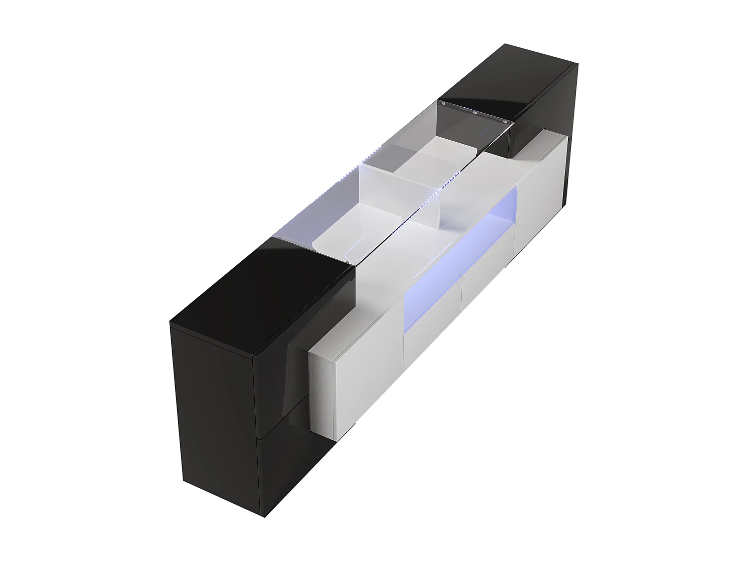 Meuble TV avec LED, 6 portes et 2 tiroirs - Plateau en verre - Blanc et noir finition brillant