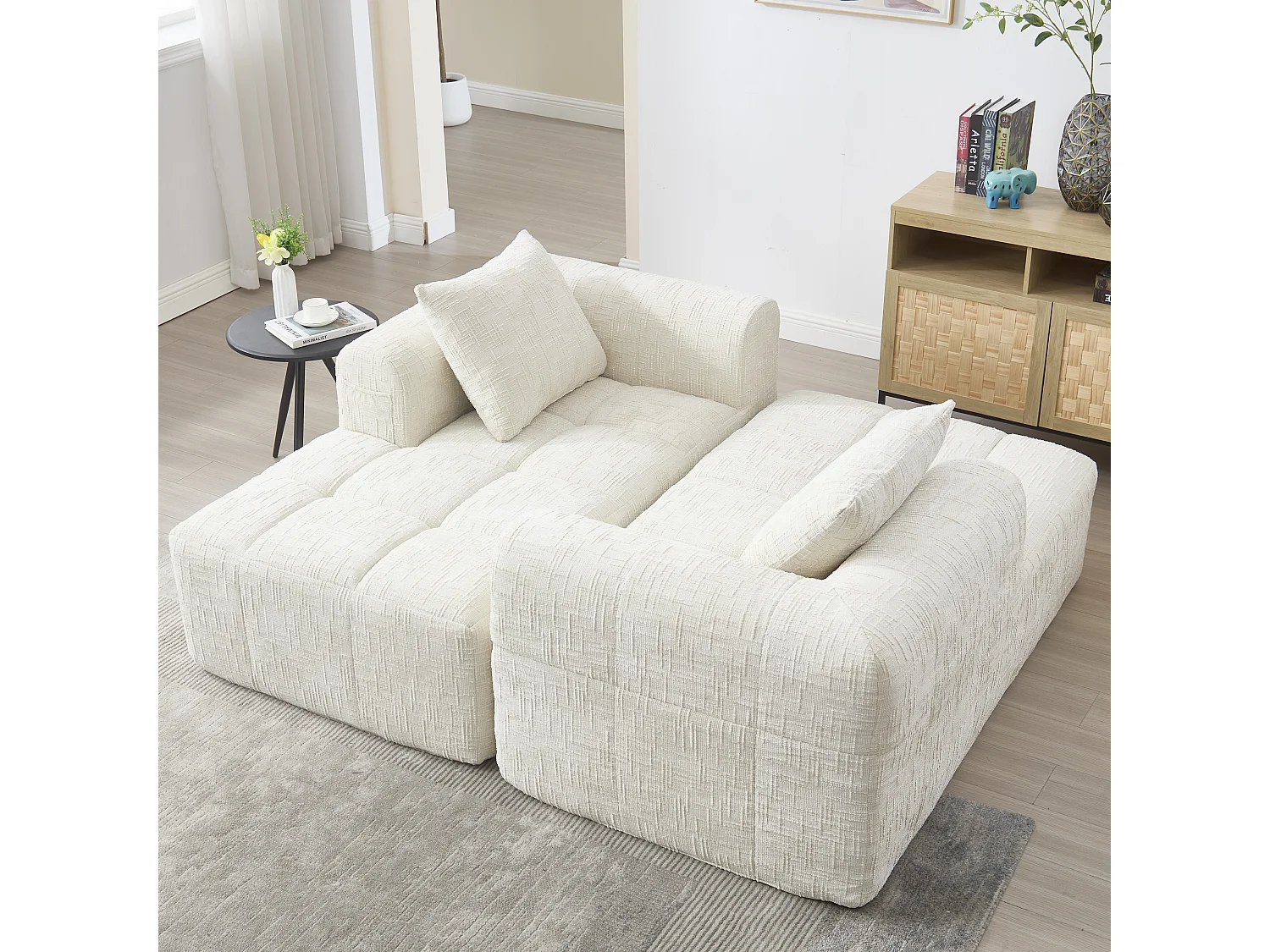 3-zits L-vormige hoekbank met 3 kussens en zijvak - Beige chenille