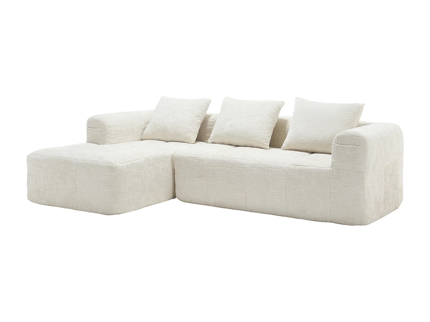 3-zits L-vormige hoekbank met 3 kussens en zijvak - Beige chenille