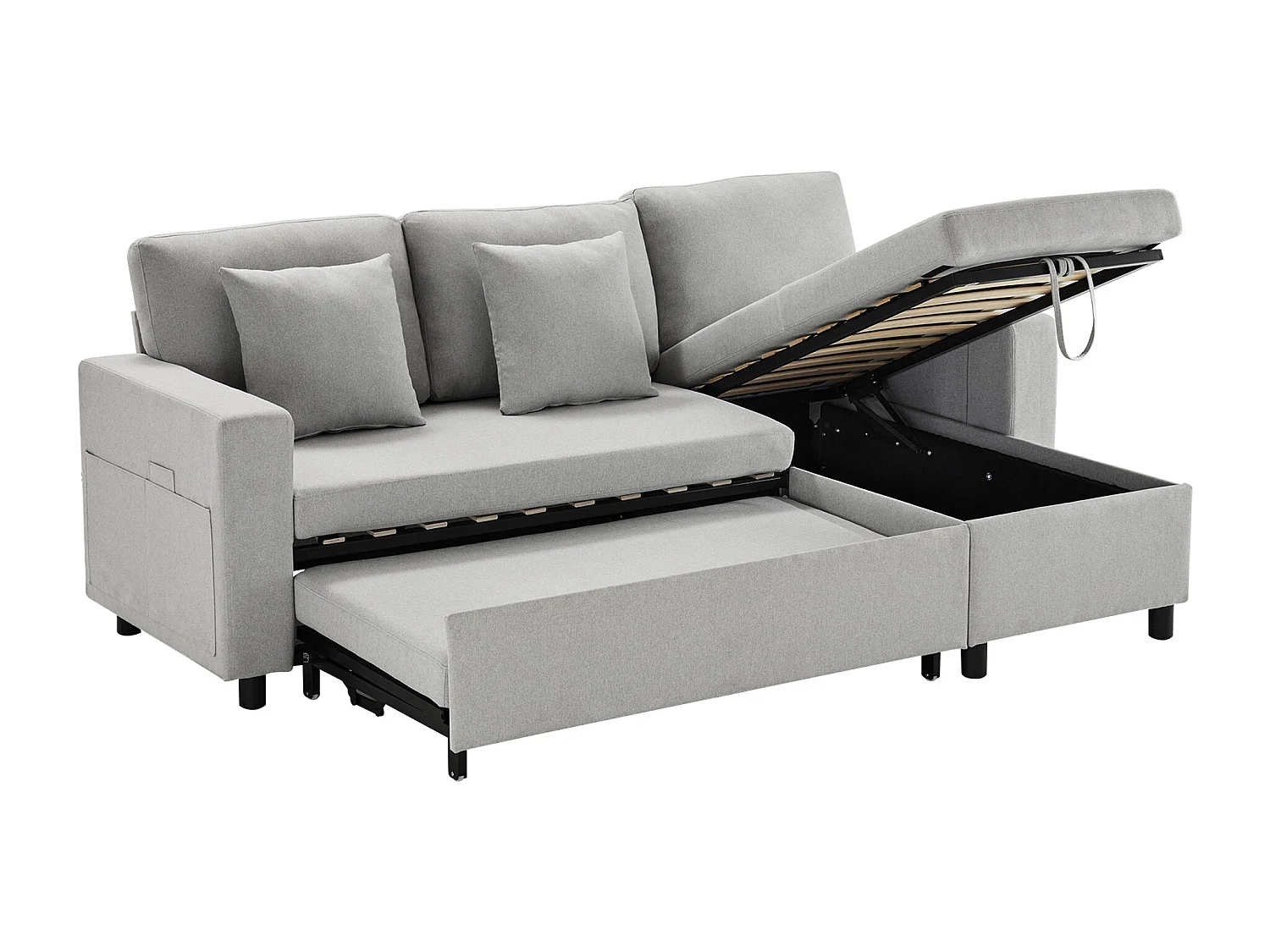 Divano trasformabile a L a 3 posti con funzione letto - Chaise longue con contenitore - Lino grigio