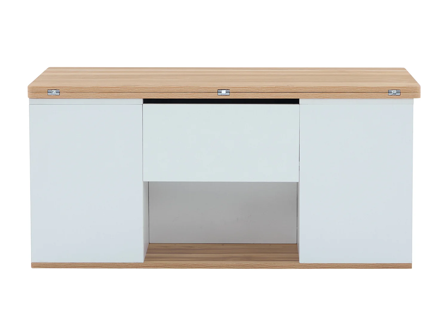 Tavolino da caffè con piano sollevabile e 2 cassetti - Il piano si apre in 2 tavolini - Bianco e legno