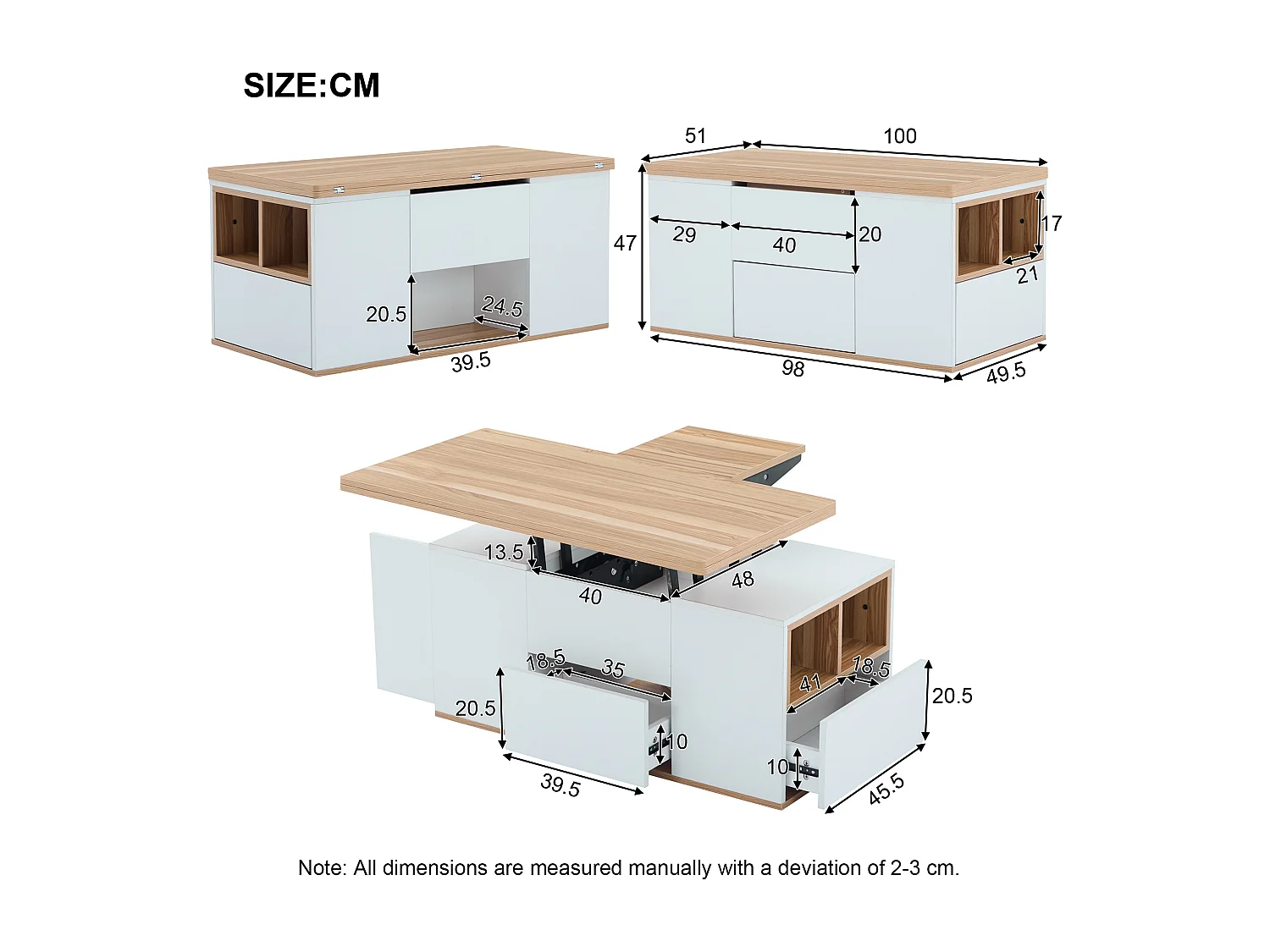 Tavolino da caffè con piano sollevabile e 2 cassetti - Il piano si apre in 2 tavolini - Bianco e legno