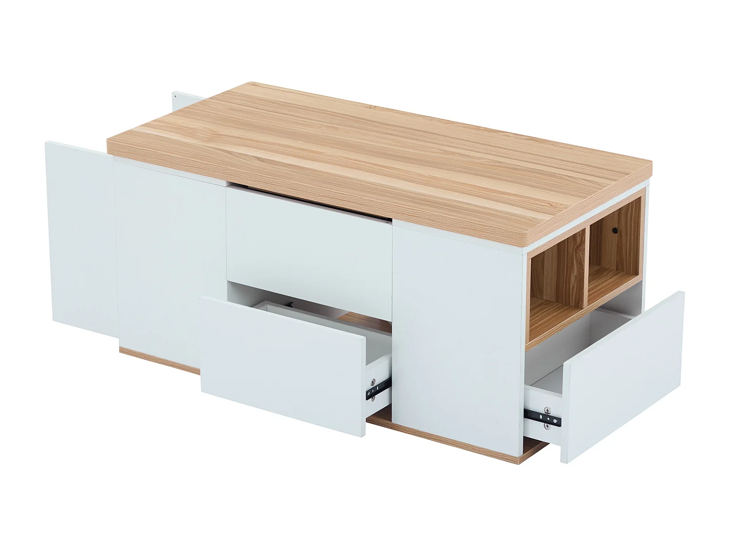 Tavolino da caffè con piano sollevabile e 2 cassetti - Il piano si apre in 2 tavolini - Bianco e legno