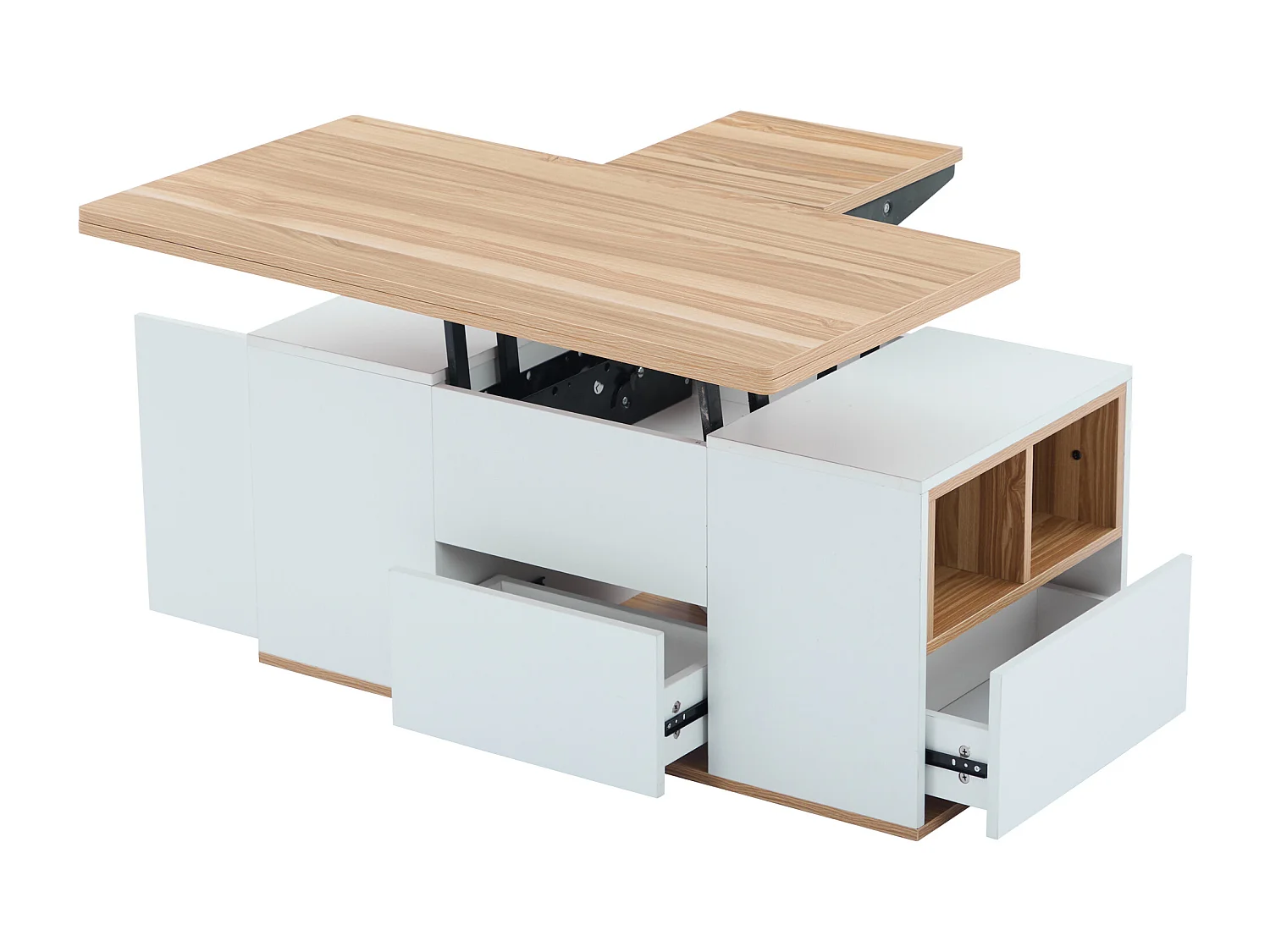 Tavolino da caffè con piano sollevabile e 2 cassetti - Il piano si apre in 2 tavolini - Bianco e legno