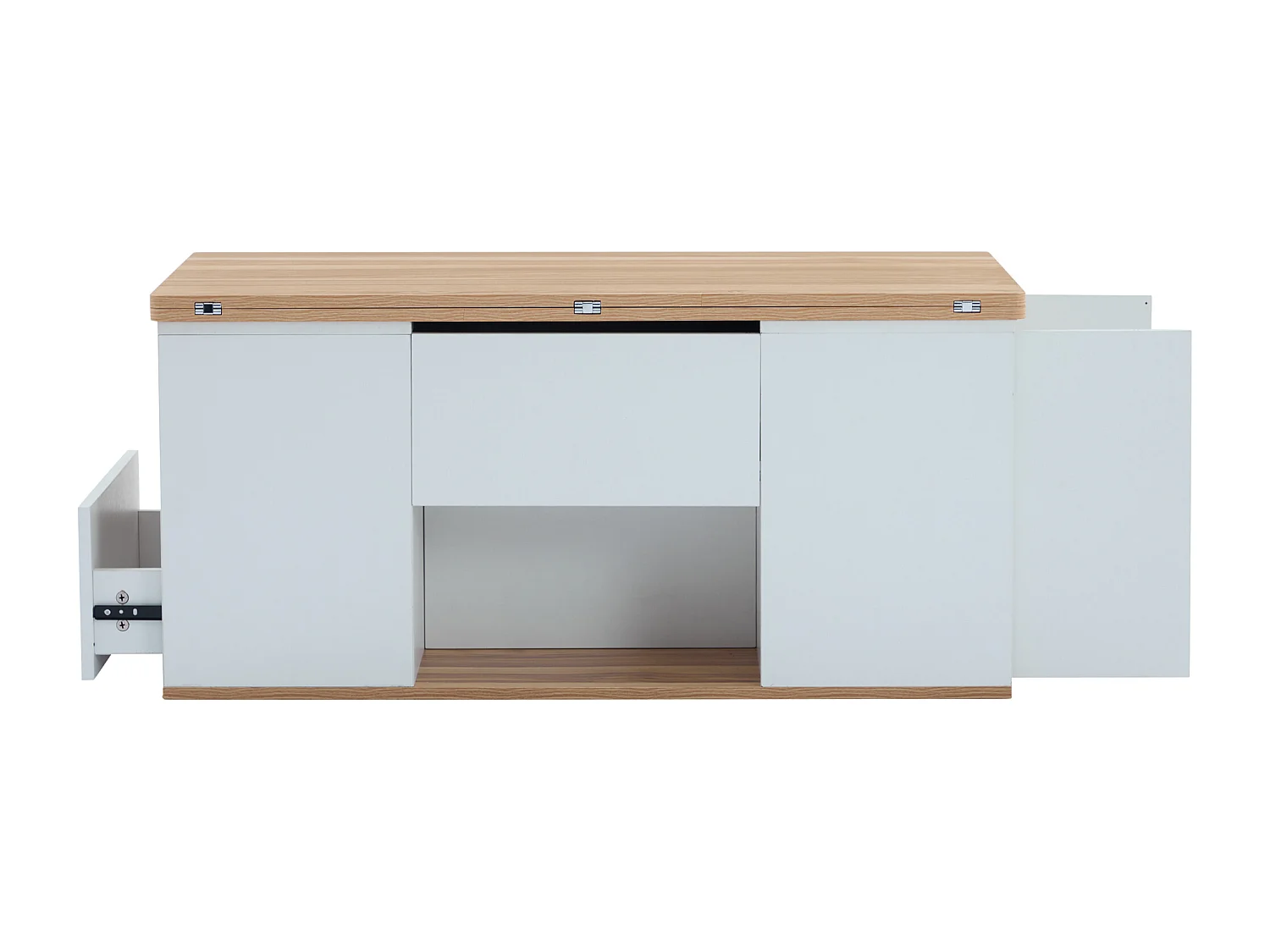 Tavolino da caffè con piano sollevabile e 2 cassetti - Il piano si apre in 2 tavolini - Bianco e legno