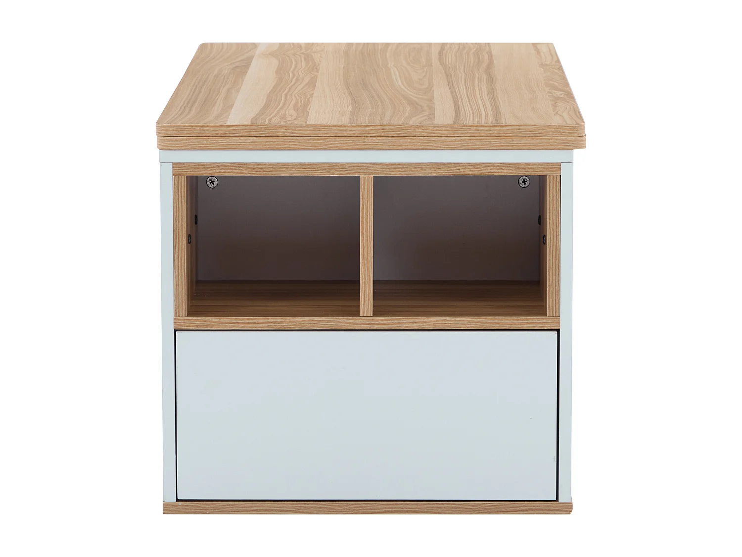 Tavolino da caffè con piano sollevabile e 2 cassetti - Il piano si apre in 2 tavolini - Bianco e legno