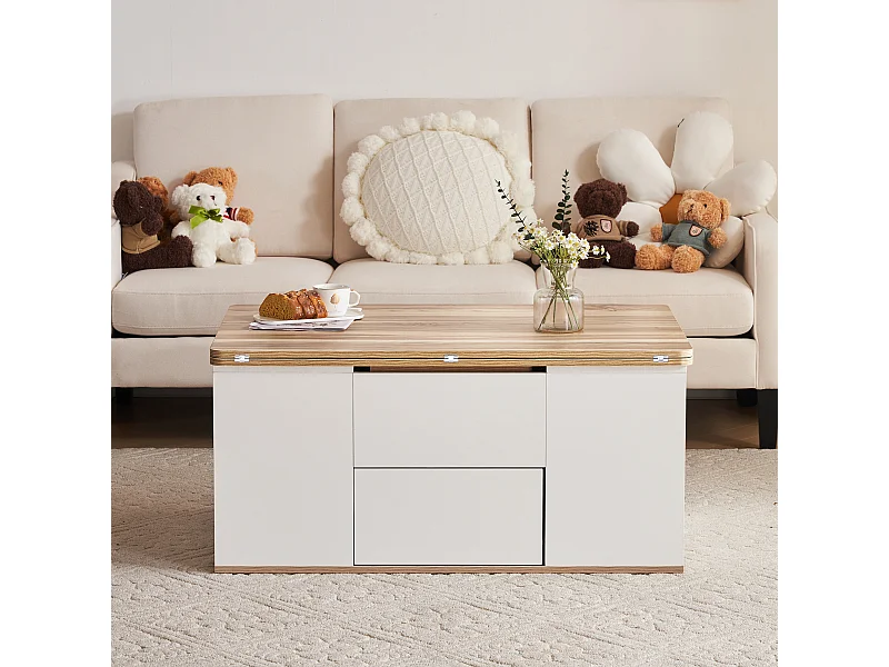 Tavolino da caffè con piano sollevabile e 2 cassetti - Il piano si apre in 2 tavolini - Bianco e legno