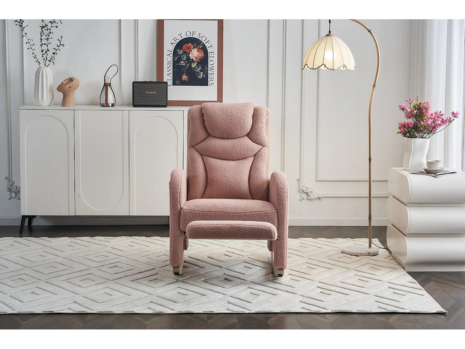 Fauteuil à bascule en tissu Teddy rose- Rocking chair avec repose-pieds