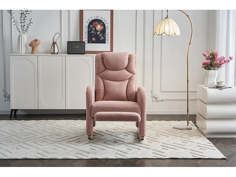 Fauteuil à bascule en tissu Teddy rose- Rocking chair avec repose-pieds
