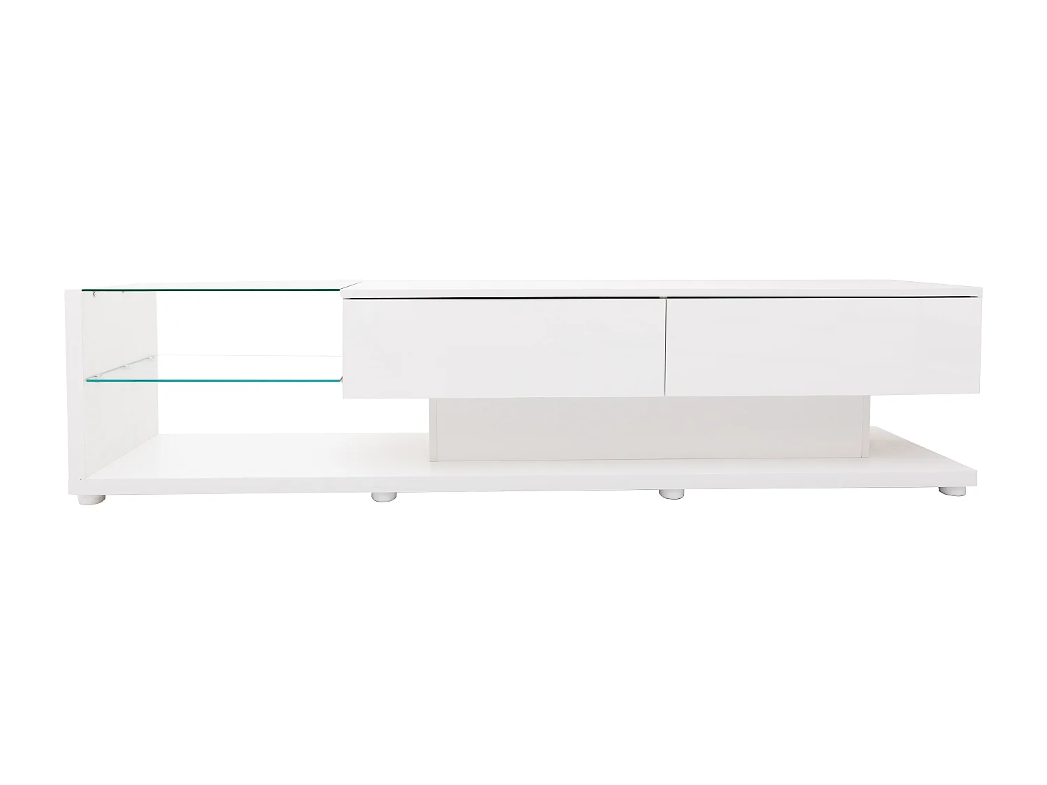 Hoogglans witte tv-standaard met ledverlichting, 2 lades en 2 glazen planken - PB hout