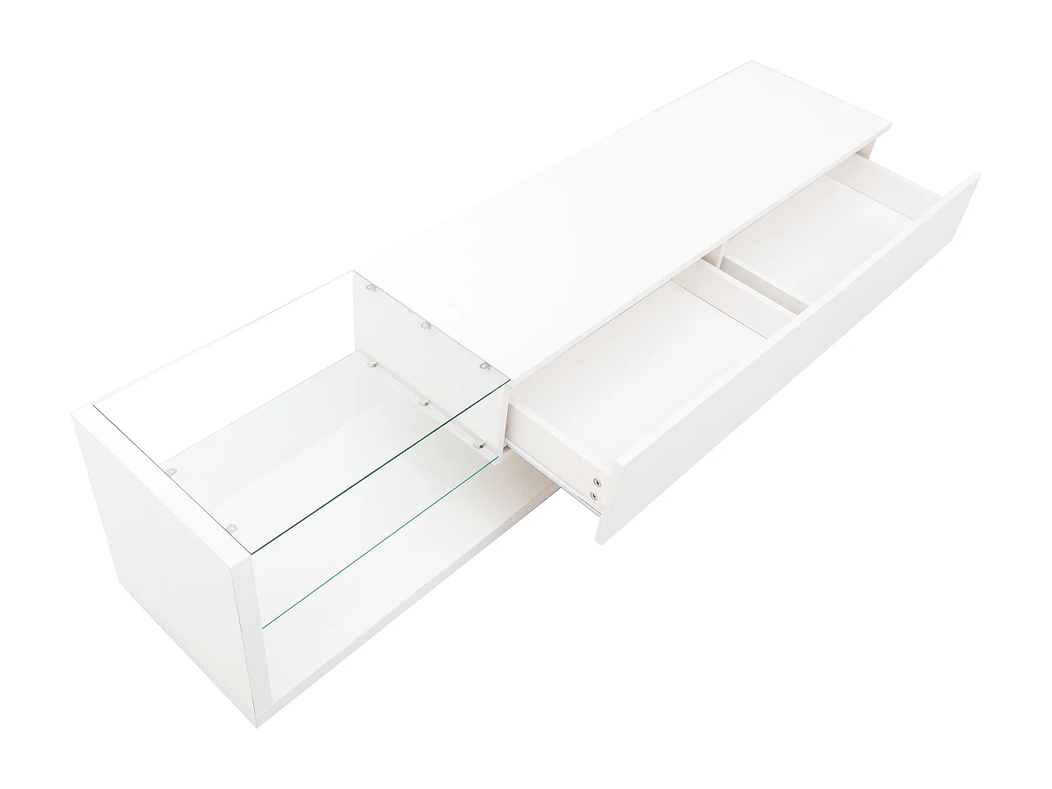 Hoogglans witte tv-standaard met ledverlichting, 2 lades en 2 glazen planken - PB hout