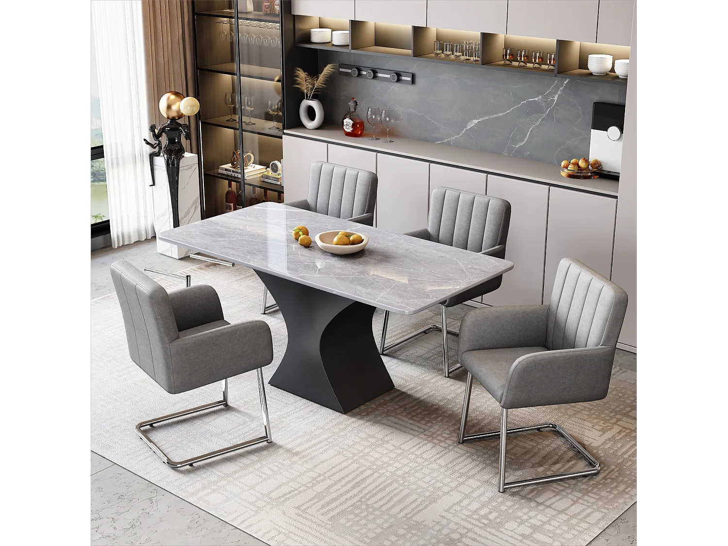 Set van 4 stoelen in grijs PU-leer - Metalen poten - Verticale strepen